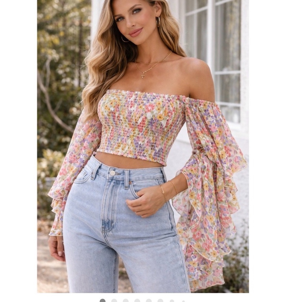 Live 4 Truth Multicolor Floral Smocked Blouse bell sleeves size L